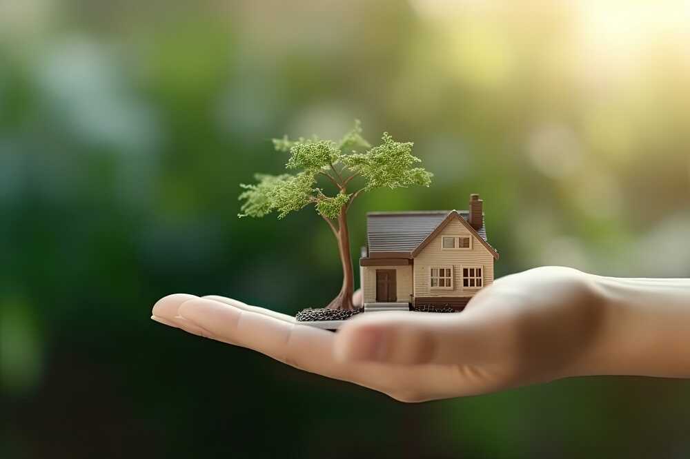 Hand holding a miniature house with a young tree sprouting beside it, symbolizing growth.